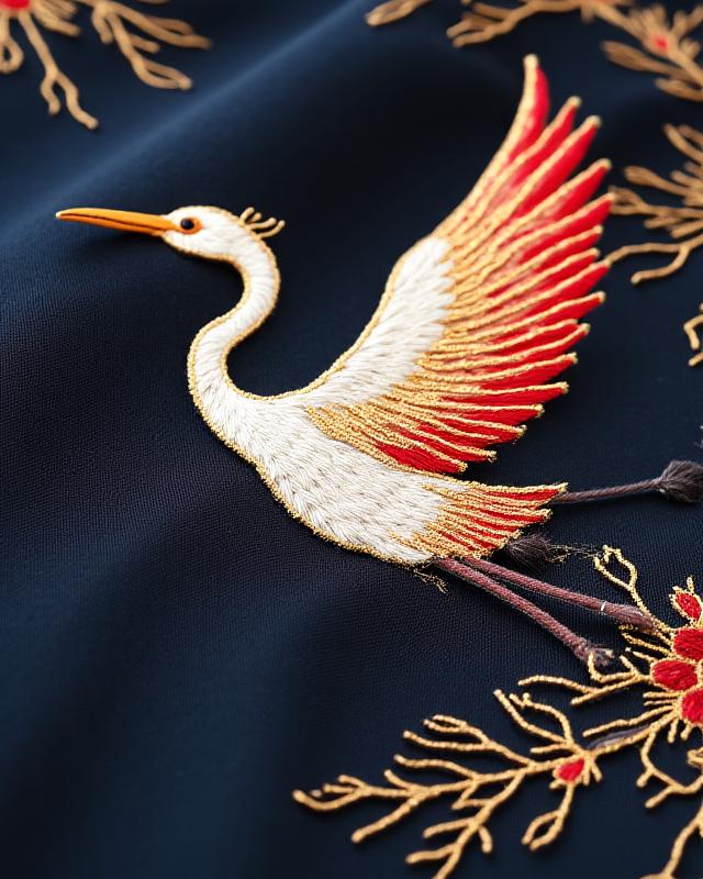 伝統的な鶴の刺繍が施された絹織物
