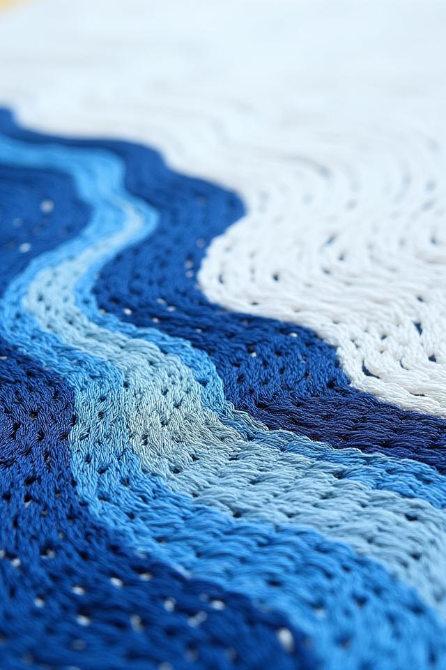 青と白のグラデーションによる川の刺繍アート