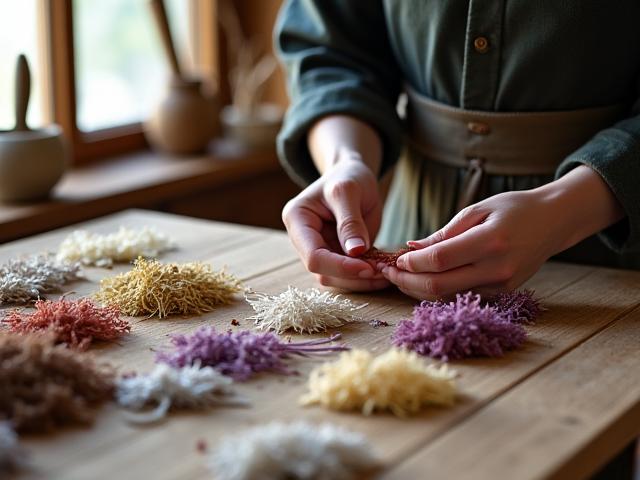 自然素材と染料が美しく並べられた職人の作業台