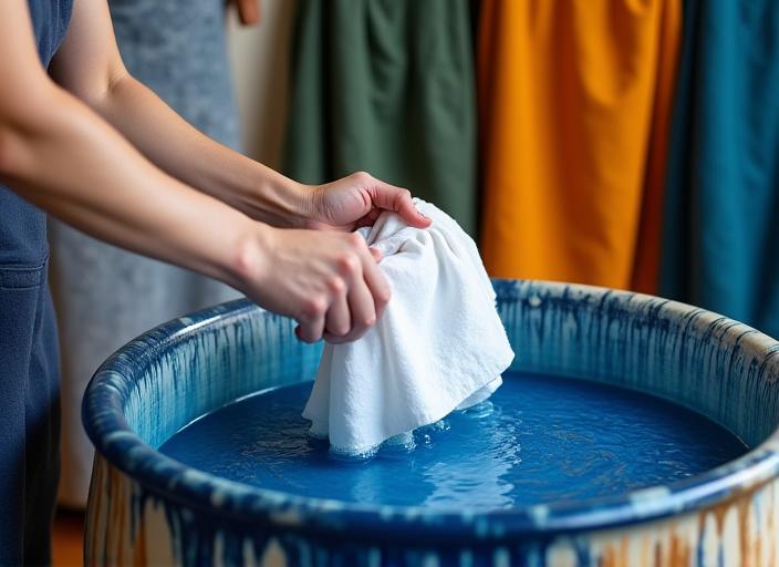 自然染色のワークショップで色鮮やかに染められた布地を持つ参加者