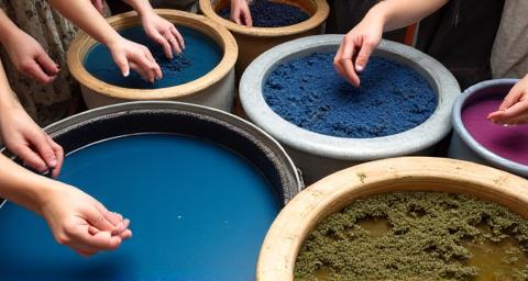 藍や植物を使って布地を天然染料で染める参加者がいるワークショップの風景
