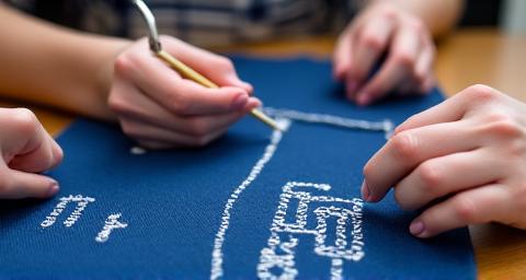 刺し子刺繍入門ワークショップで伝統的な幾何学模様を縫う参加者の接写