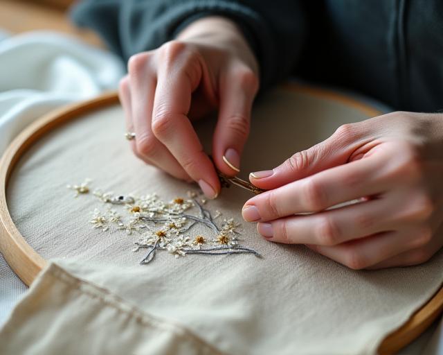 職人の手が、伝統的な日本の刺繍技術を用いて、布に繊細な模様を縫い付けている。