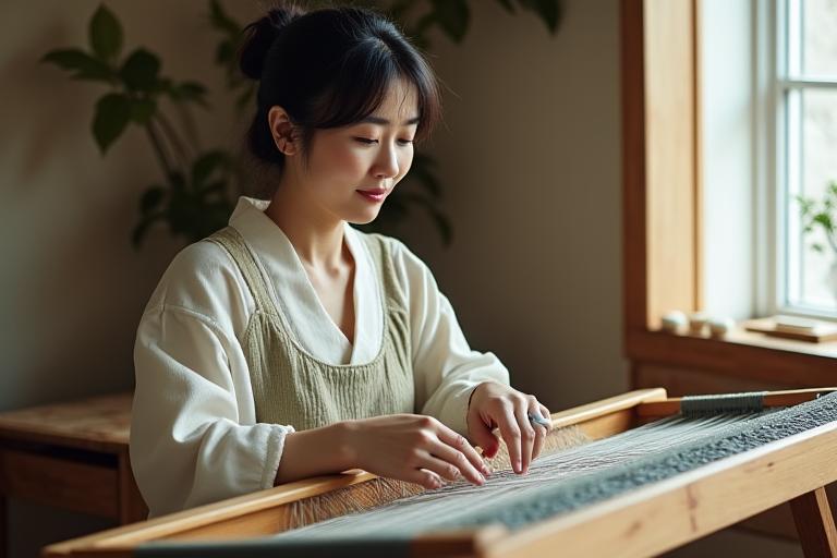 Yuki Oriの創設者である田中由紀が、伝統的な日本の織機で丁寧に生地を織る様子。背景には自然光が差し込む美しいスタジオが広がる。